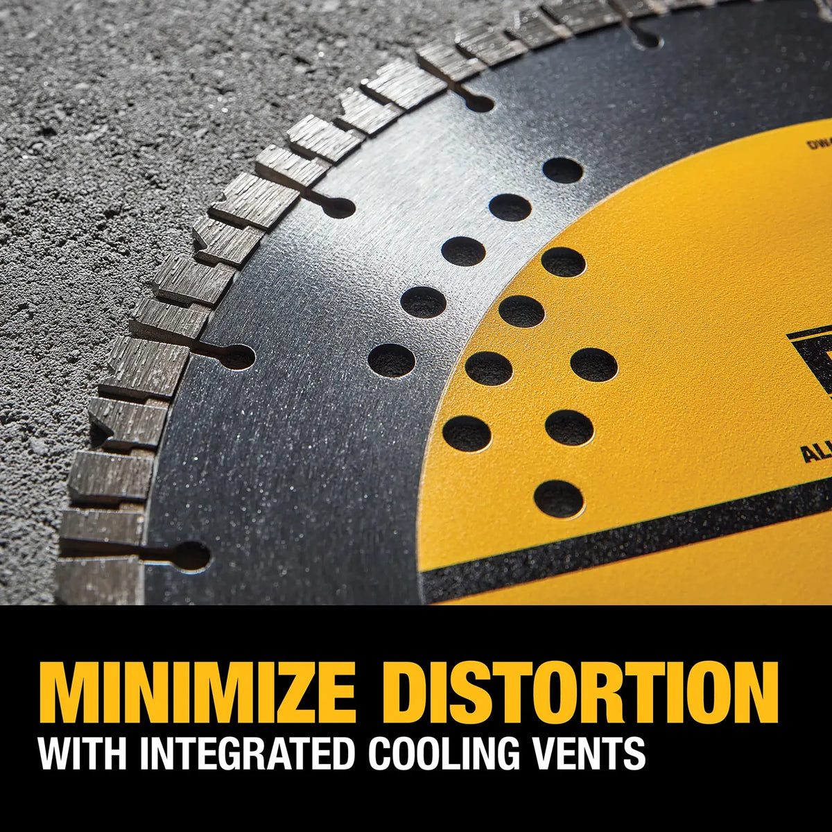 A detailed close-up shot of the DEWALT 14-inch diamond blade resting on a textured concrete surface. The focus is on the integrated cooling vents and the aggressive turbo segmented rim, illustrating the design used to minimize distortion and heat buildup during heavy-duty cutting.