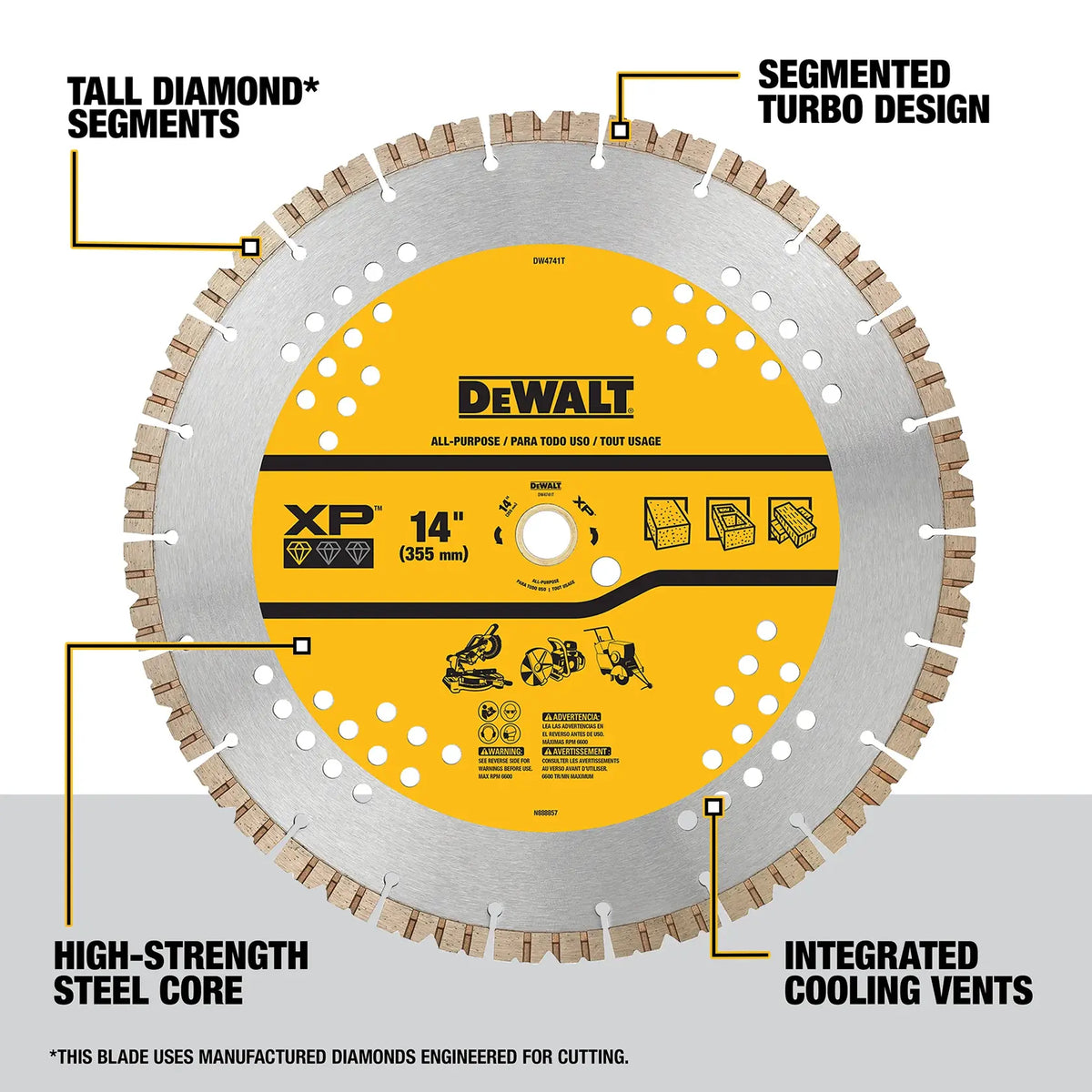 An annotated marketing diagram of the DEWALT DW4741T blade. Callouts identify the tall diamond segments for extended life, the segmented turbo design for aggressive cutting, the high-strength steel core for stability, and the integrated cooling vents for thermal management.