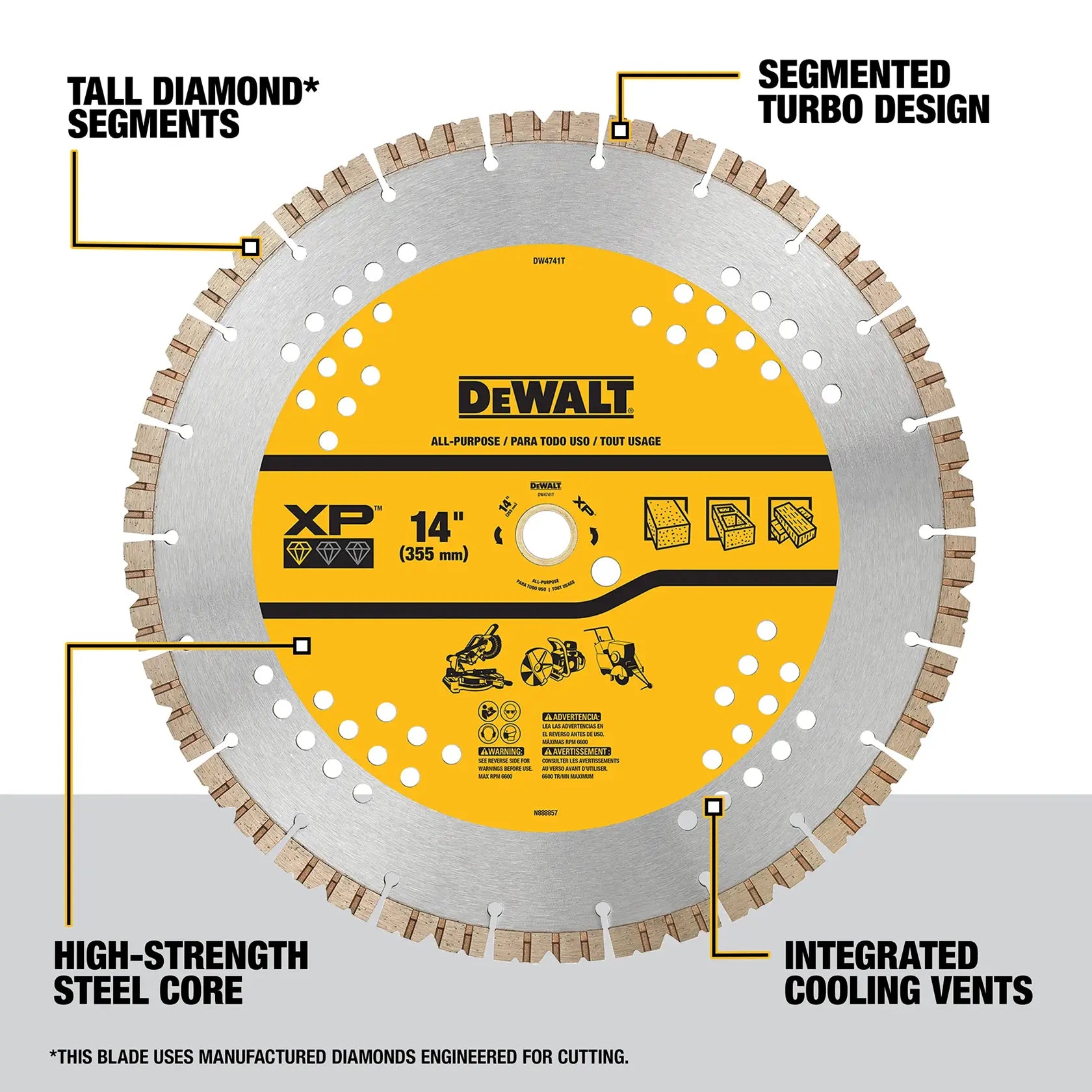 An annotated marketing diagram of the DEWALT DW4741T blade. Callouts identify the tall diamond segments for extended life, the segmented turbo design for aggressive cutting, the high-strength steel core for stability, and the integrated cooling vents for thermal management.