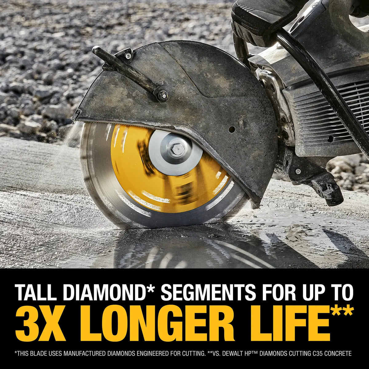 An action lifestyle shot of a gas-powered cut-off saw equipped with the DEWALT XP diamond blade. The image demonstrates the blade slicing through a concrete slab with water suppression, highlighting the tall diamond segments that provide up to 3X longer life in professional masonry work.