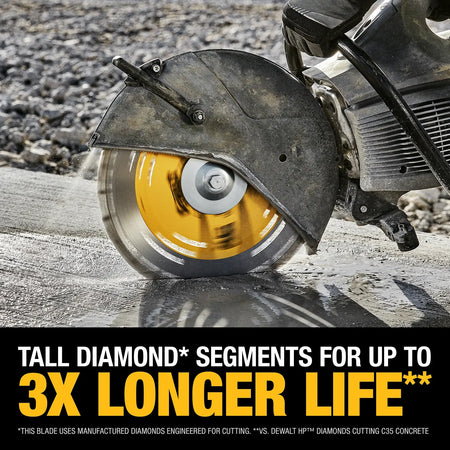 An action lifestyle shot of a gas-powered cut-off saw equipped with the DEWALT XP diamond blade. The image demonstrates the blade slicing through a concrete slab with water suppression, highlighting the tall diamond segments that provide up to 3X longer life in professional masonry work.