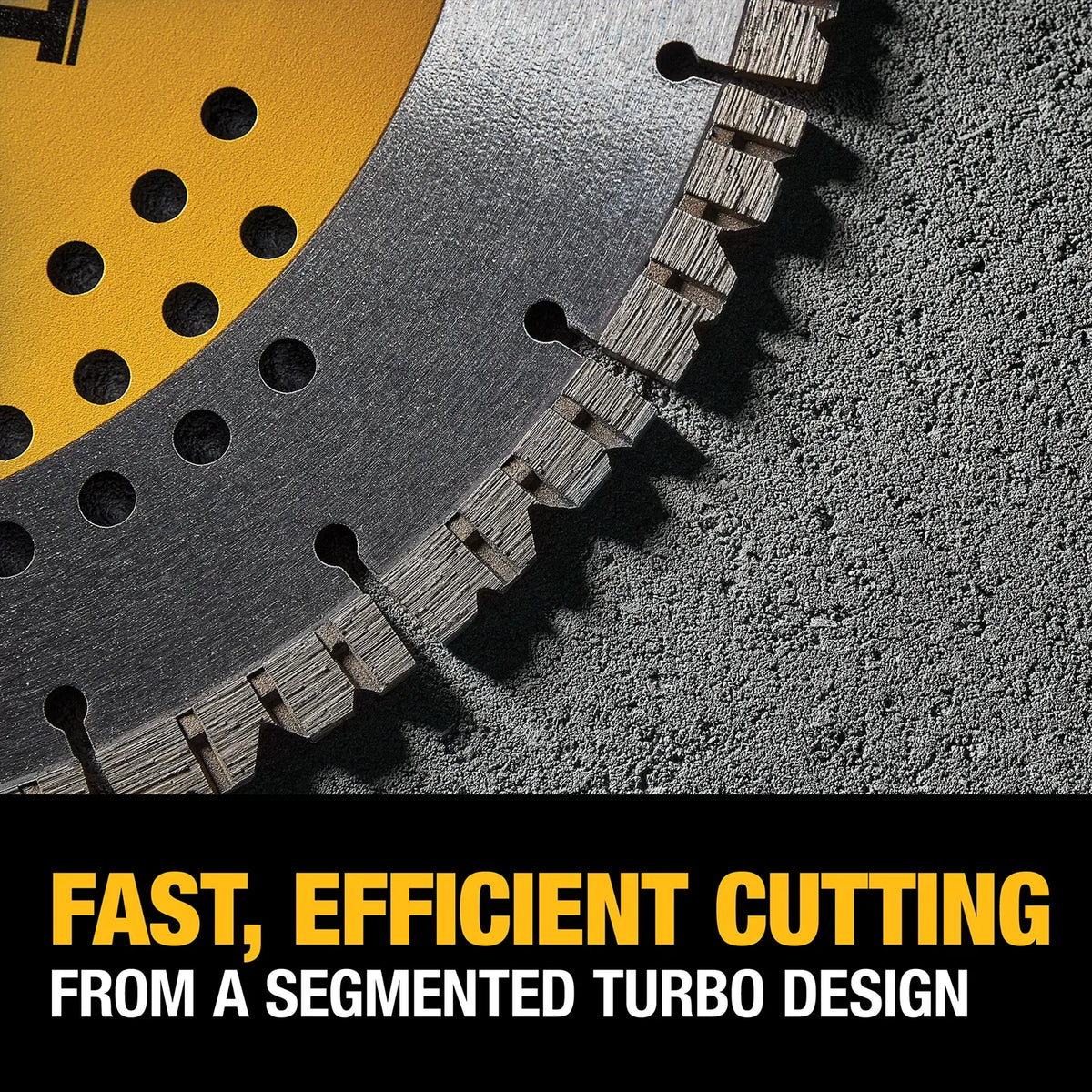A high-angle detail shot of the DEWALT segmented turbo diamond blade on a stone surface. The image emphasizes the precision-engineered segments and cooling holes, specifically designed for fast and efficient cutting through reinforced concrete and brick.