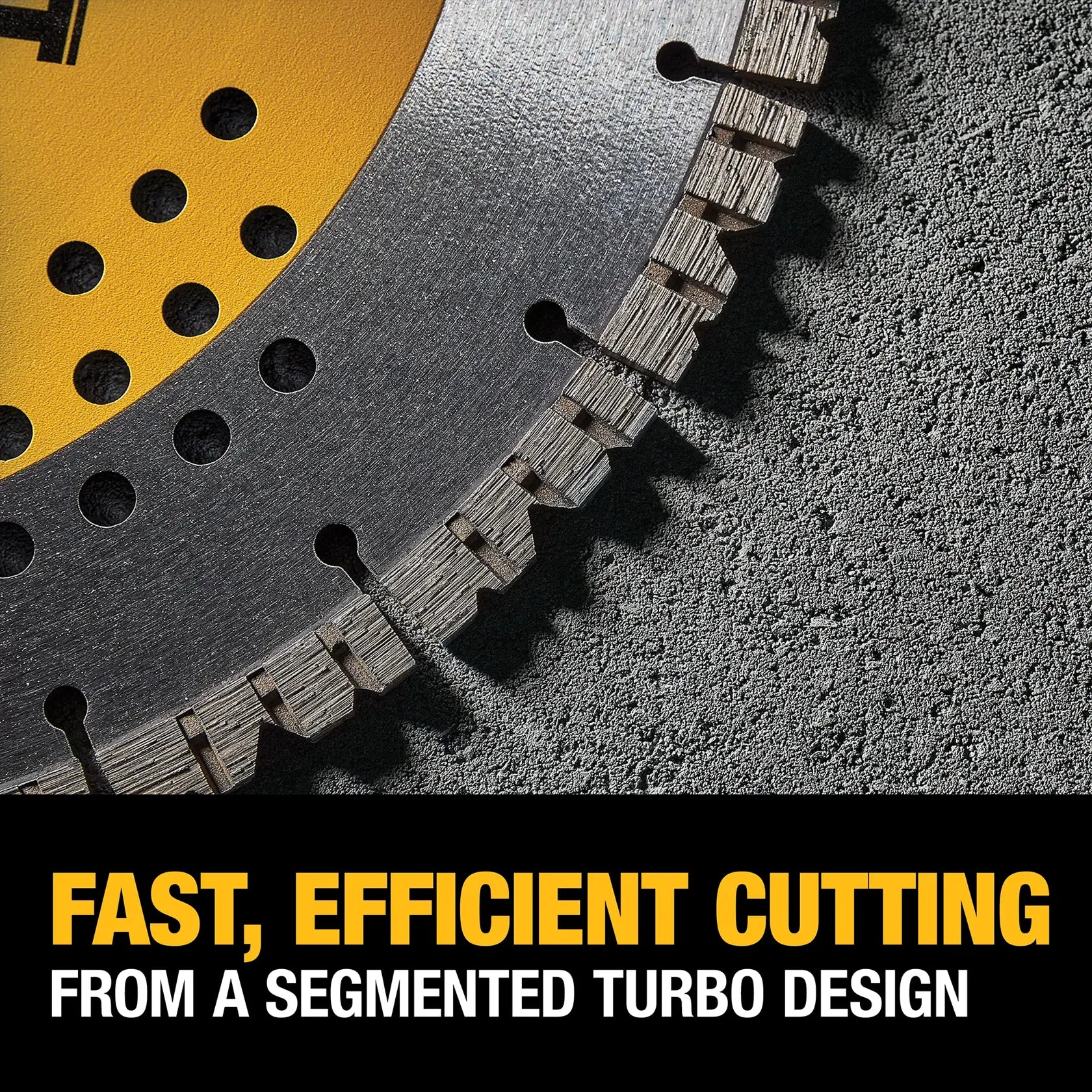 A high-angle detail shot of the DEWALT segmented turbo diamond blade on a stone surface. The image emphasizes the precision-engineered segments and cooling holes, specifically designed for fast and efficient cutting through reinforced concrete and brick.