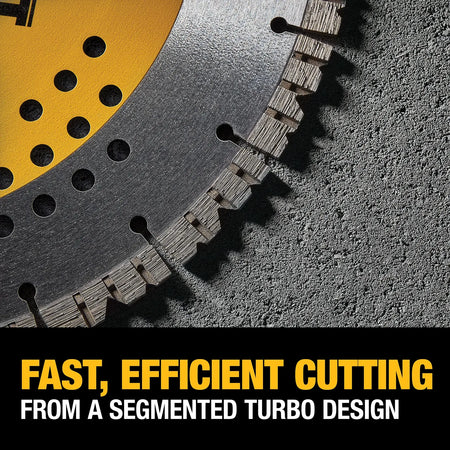 A high-angle detail shot of the DEWALT segmented turbo diamond blade on a stone surface. The image emphasizes the precision-engineered segments and cooling holes, specifically designed for fast and efficient cutting through reinforced concrete and brick.