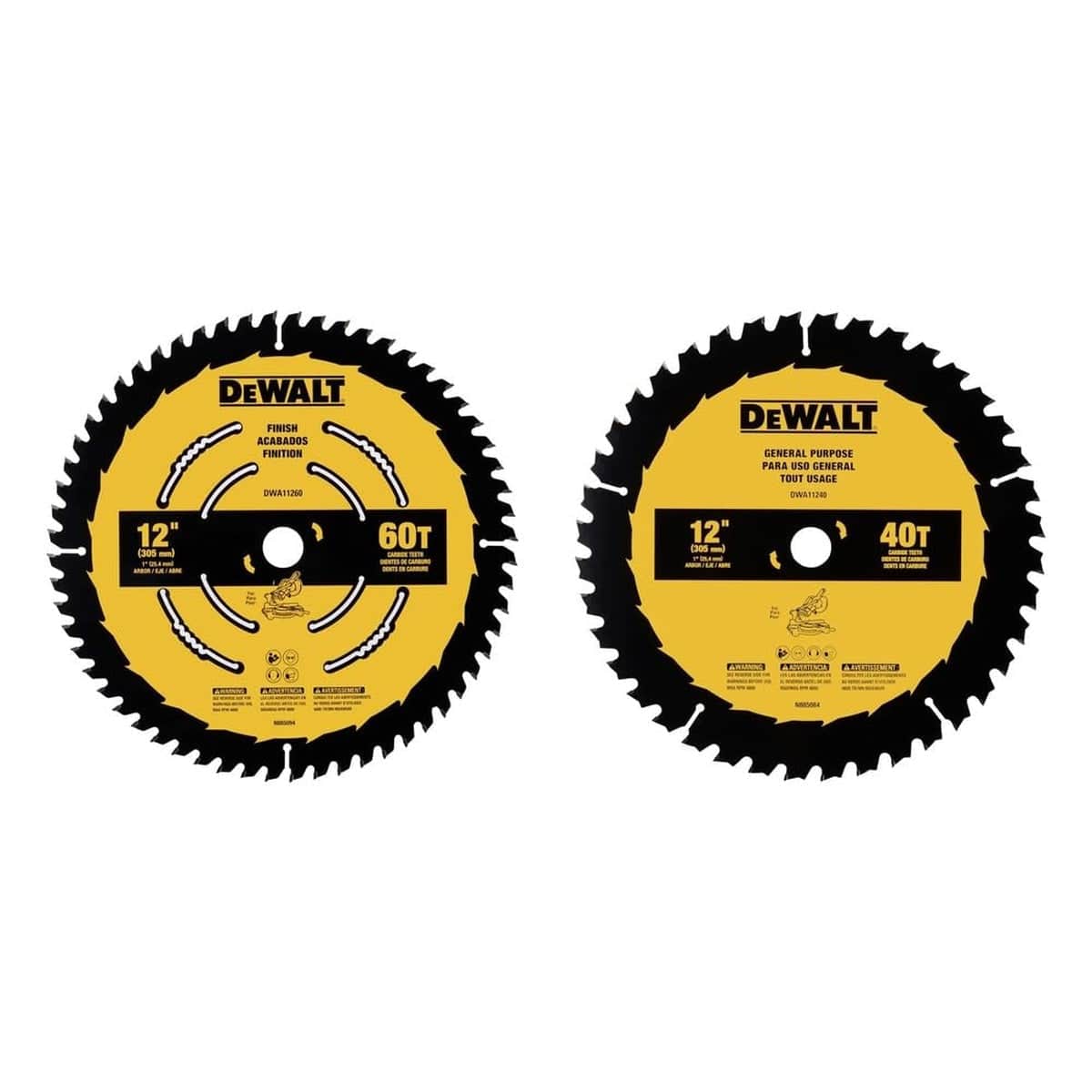 Front view of the DEWALT 12-inch circular saw blade 2-pack including a 60-tooth finish blade and a 40-tooth general purpose blade, both featuring high-density tungsten carbide teeth and a 1-inch arbor.