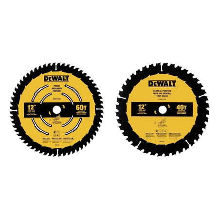 Front view of the DEWALT 12-inch circular saw blade 2-pack including a 60-tooth finish blade and a 40-tooth general purpose blade, both featuring high-density tungsten carbide teeth and a 1-inch arbor.