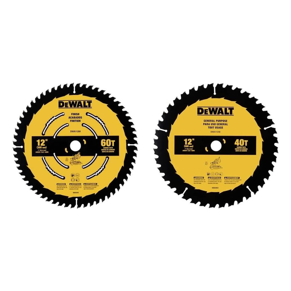 Front view of the DEWALT 12-inch circular saw blade 2-pack including a 60-tooth finish blade and a 40-tooth general purpose blade, both featuring high-density tungsten carbide teeth and a 1-inch arbor.