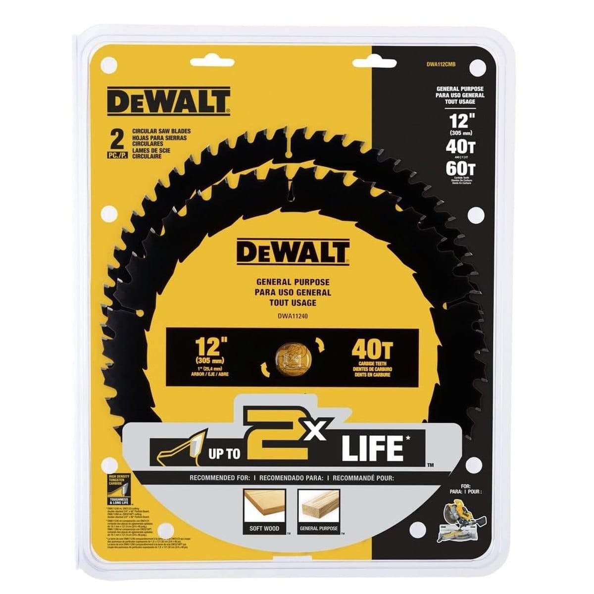 The DEWALT 12-inch carbide miter saw blade 2-pack shown in its professional retail blister pack, highlighting up to 2X life and recommended use for soft wood and general purpose construction materials.