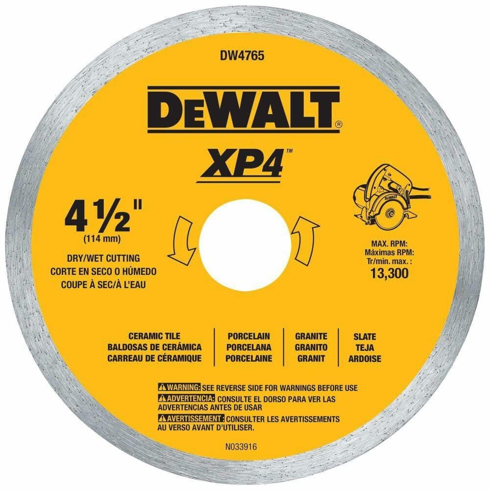 DEWALT Diamond Blade for Porcelain Tile, Wet/Dry, 4-1/2-Inch (DW4765) suitable for ceramic, porcelain, granite, and slate cutting.