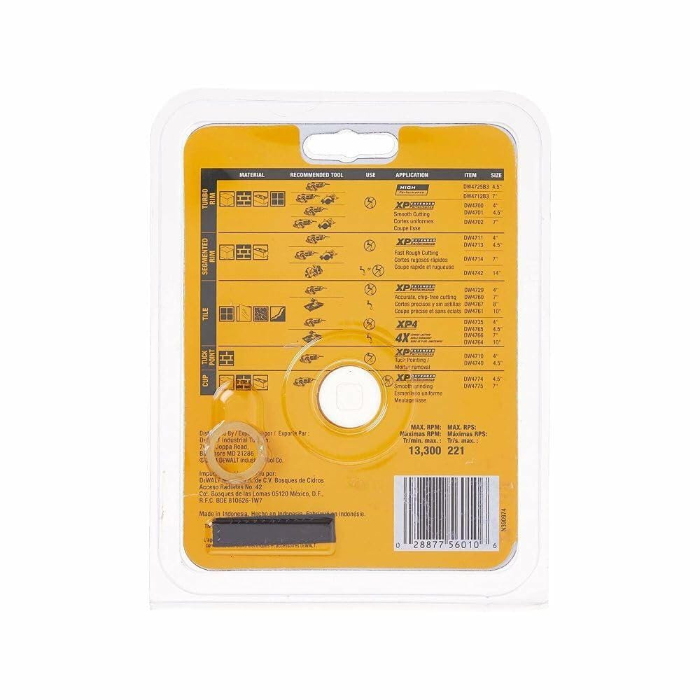DEWALT Diamond Blade for Porcelain Tile, Wet/Dry, 4-1/2-Inch (DW4765) packaging with usage instructions and barcode.
