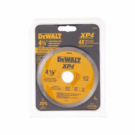 DEWALT Diamond Blade for Porcelain Tile, Wet/Dry, 4-1/2-Inch (DW4765) in packaging with yellow and black design