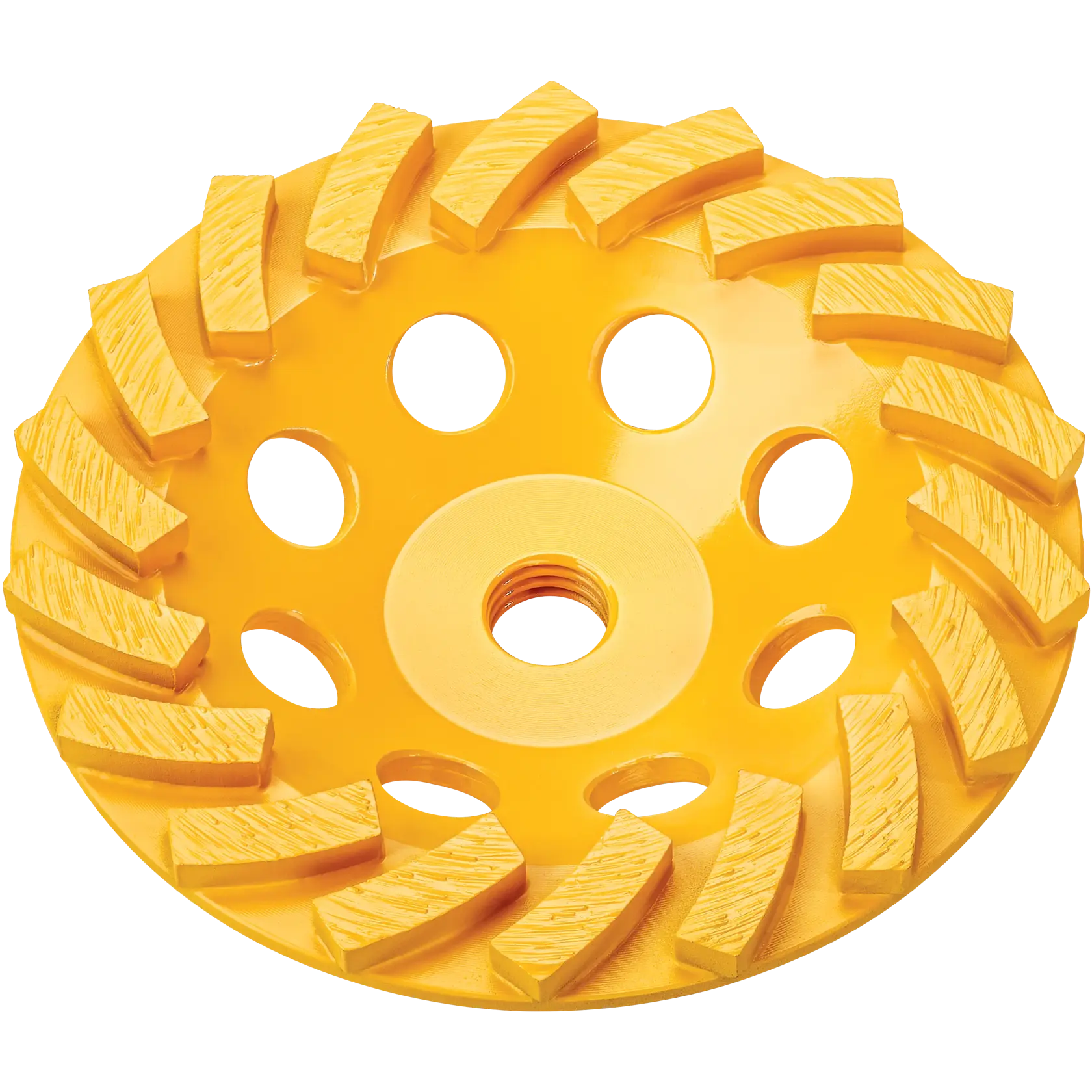 Front angled view of the yellow DEWALT DW4772T XP 4-inch turbo diamond cup wheel for angle grinders, featuring large grinding segments designed for heavy-duty concrete and masonry surface grinding.