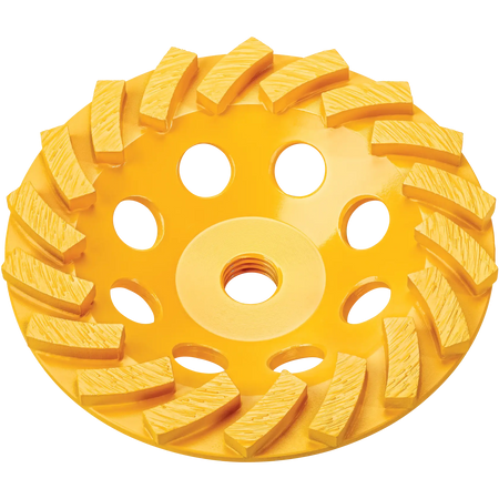 Front angled view of the yellow DEWALT DW4772T XP 4-inch turbo diamond cup wheel for angle grinders, featuring large grinding segments designed for heavy-duty concrete and masonry surface grinding.
