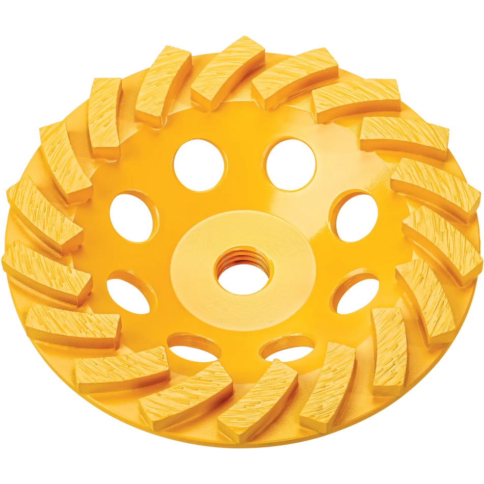 Front angled view of the yellow DEWALT DW4772T XP 4-inch turbo diamond cup wheel for angle grinders, featuring large grinding segments designed for heavy-duty concrete and masonry surface grinding.