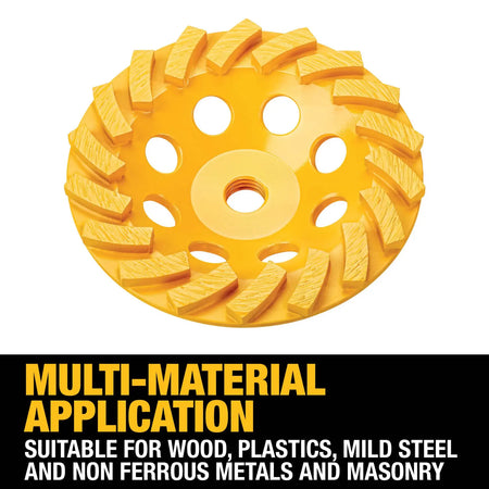 DEWALT DW4772T 4-inch turbo diamond cup wheel with informational text highlighting its multi-material application, stating it is suitable for wood, plastics, mild steel, non-ferrous metals, and masonry.