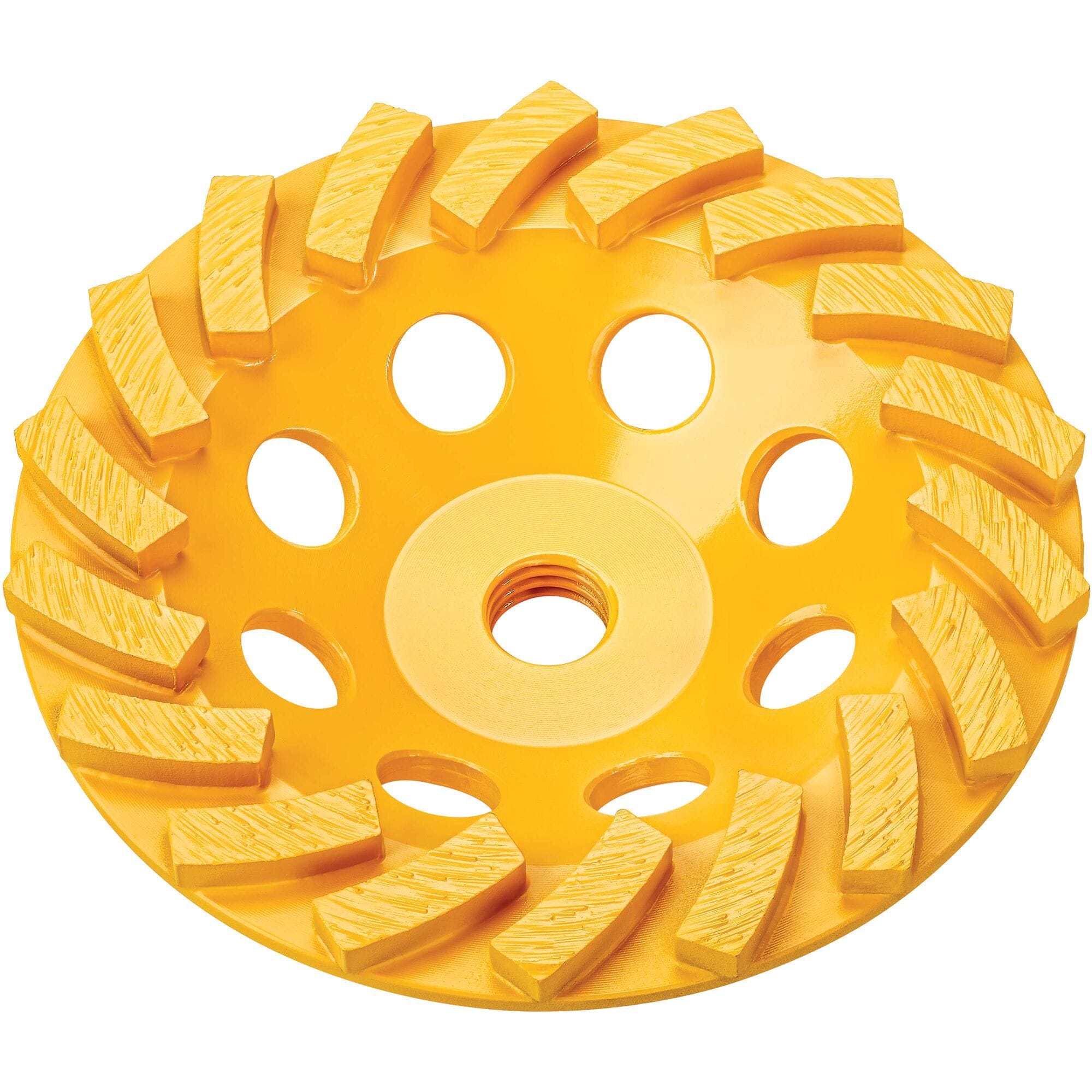 Straight-on view of the grinding face on the yellow DEWALT DW4777T 5-inch turbo diamond cup wheel, highlighting the large turbo grinding segments and 5/8-11 arbor designed for fast and smooth concrete grinding.
