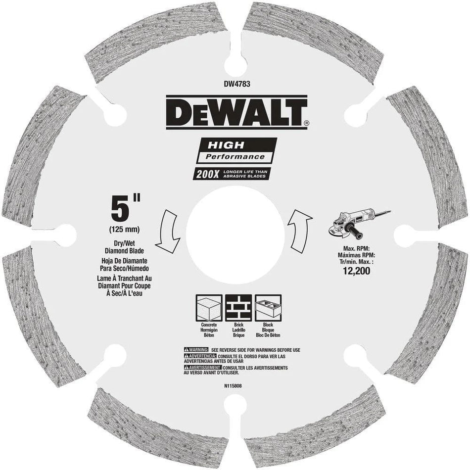 A front-facing studio shot of the DEWALT DW4783 5-inch high-performance segmented diamond blade. The white blade body displays technical specs including the 12,200 max RPM and 200x longer life rating, with icons indicating its use for concrete, brick, and block dry or wet cutting.