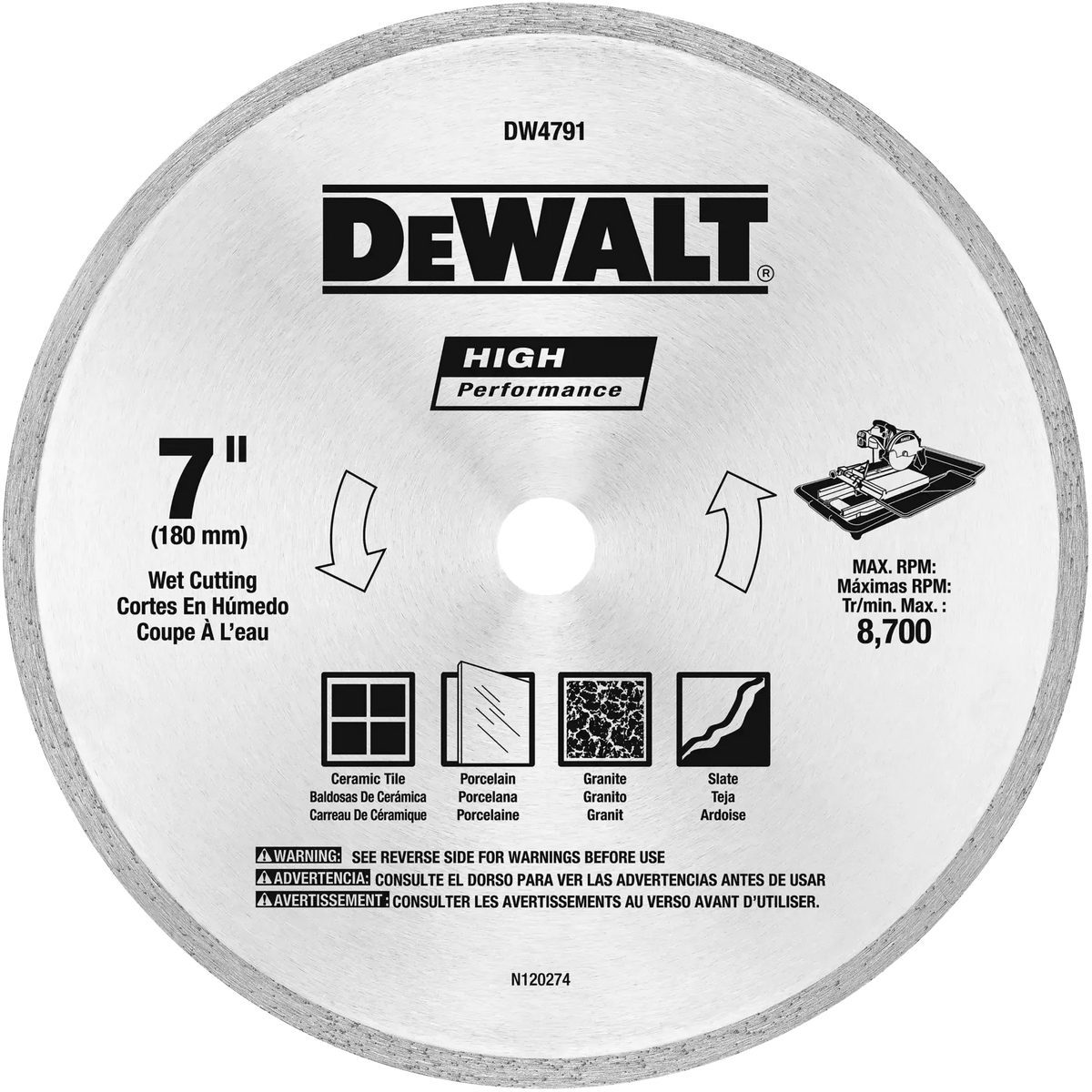 A front-facing studio view of the DEWALT 7-inch high-performance wet cutting diamond tile blade. The graphic details on the silver blade body highlight its suitability for ceramic tile, porcelain, granite, and slate, featuring a maximum rating of 8,700 RPM.