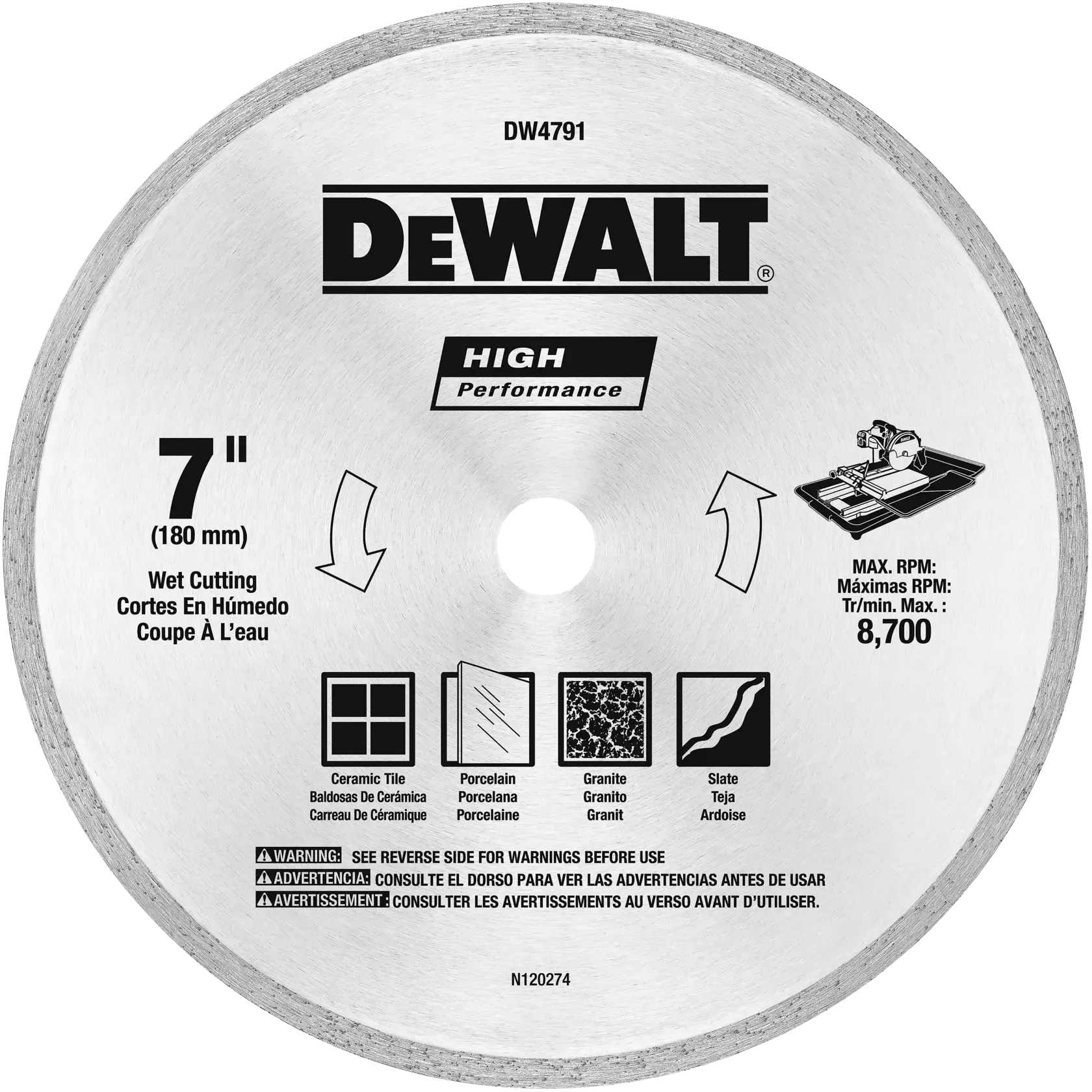 A front-facing studio view of the DEWALT 7-inch high-performance wet cutting diamond tile blade. The graphic details on the silver blade body highlight its suitability for ceramic tile, porcelain, granite, and slate, featuring a maximum rating of 8,700 RPM.