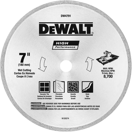 A front-facing studio view of the DEWALT 7-inch high-performance wet cutting diamond tile blade. The graphic details on the silver blade body highlight its suitability for ceramic tile, porcelain, granite, and slate, featuring a maximum rating of 8,700 RPM.