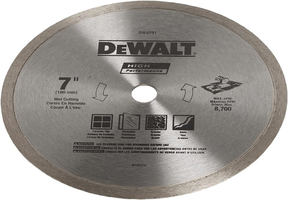 A perspective view of the DEWALT 7-inch x 0.060-inch diamond saw blade. The image emphasizes the continuous rim design engineered for chip-free cutting in natural stone and porcelain, with high-visibility branding and rotation arrows for proper installation.