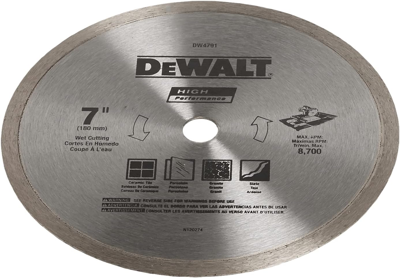 A perspective view of the DEWALT 7-inch x 0.060-inch diamond saw blade. The image emphasizes the continuous rim design engineered for chip-free cutting in natural stone and porcelain, with high-visibility branding and rotation arrows for proper installation.
