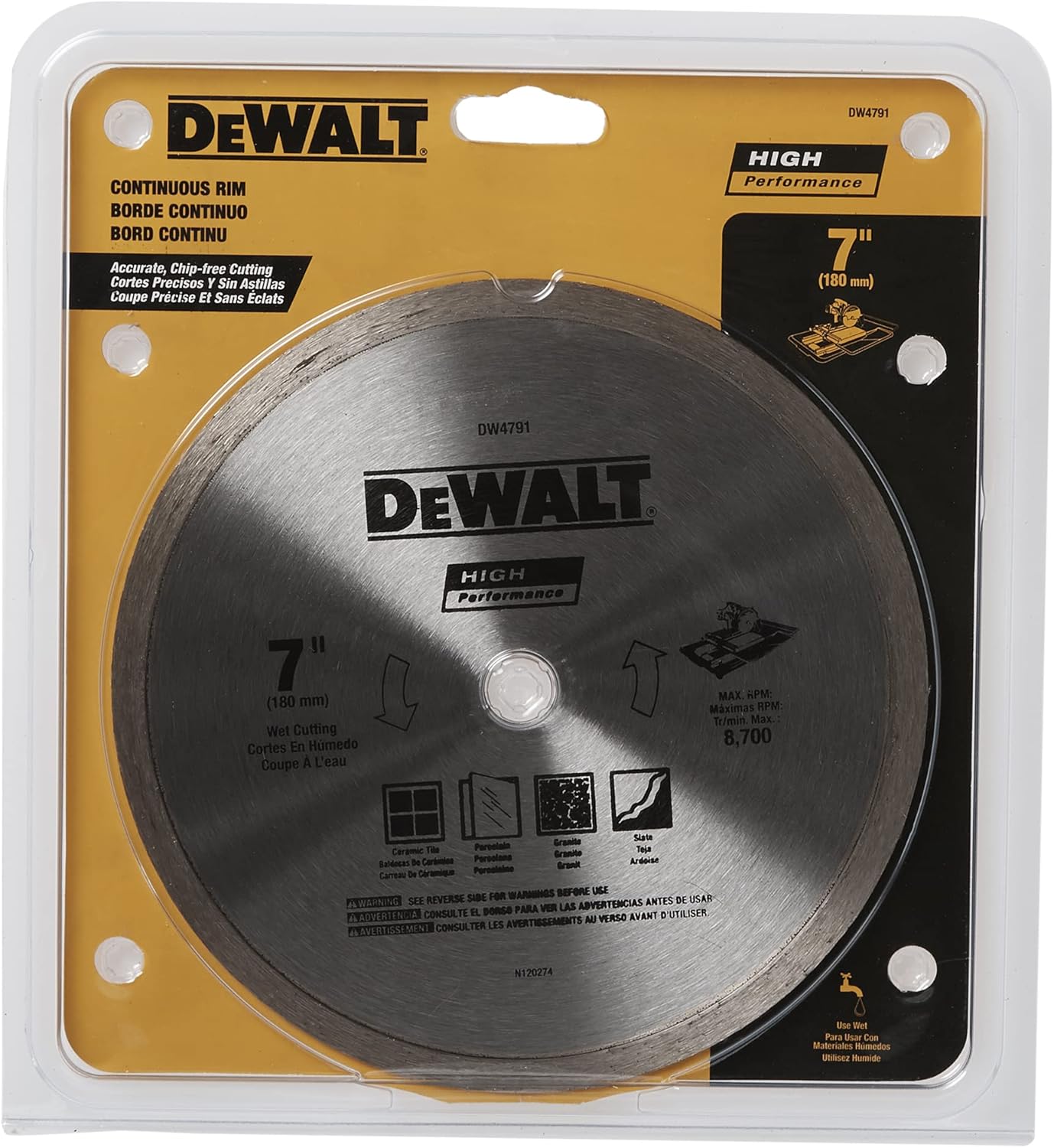 The DEWALT DW4791 7-inch diamond tile blade in its original yellow and black retail blister packaging. The label emphasizes the continuous rim for accurate, chip-free cutting and includes a "Use Wet" icon to ensure maximum blade life and performance.