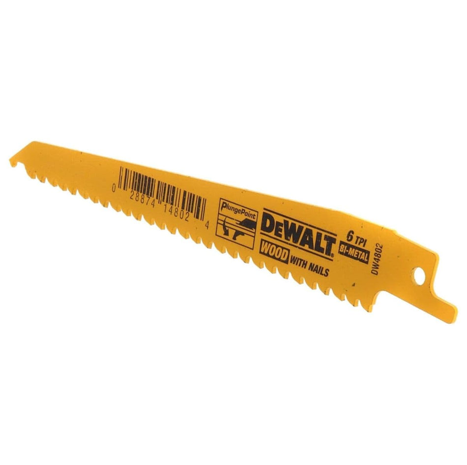 DEWALT DW4802B 6-inch 6 TPI bi-metal reciprocating saw blade featuring reinforced PlungePoint teeth and a yellow anti-stick coating for fast wood cutting with nails.