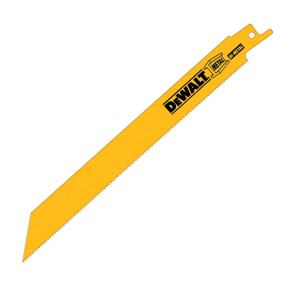 A high-resolution product photograph of an 8 inch DEWALT bi-metal reciprocating saw blade for metal cutting. The blade is finished in DEWALT yellow with black branding, highlighting its 14 TPI tooth count and specialized bi-metal construction for heavy-duty industrial applications.