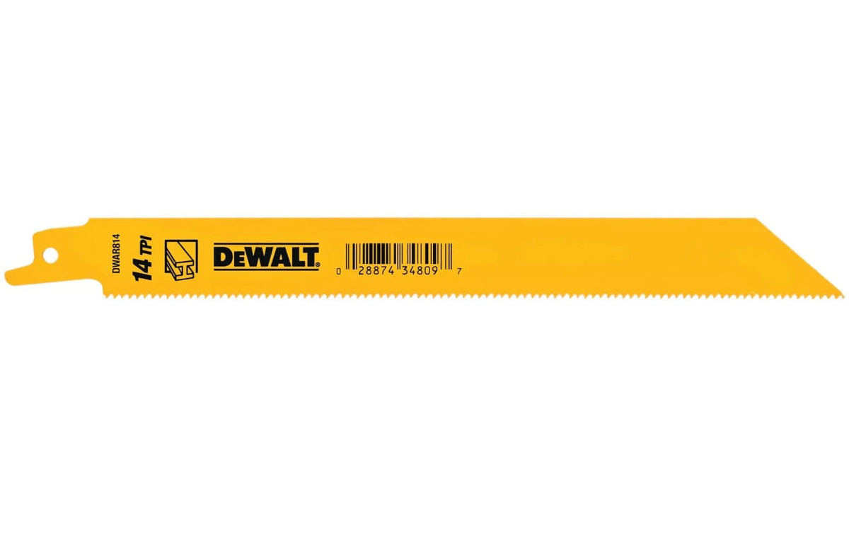A detailed side-profile view of the DEWALT DW4809B reciprocating saw blade. The image clearly displays the 14 TPI reinforced tooth geometry, the straight back profile for added stability, and the universal 1/2 inch shank compatible with most professional power saw brands.
