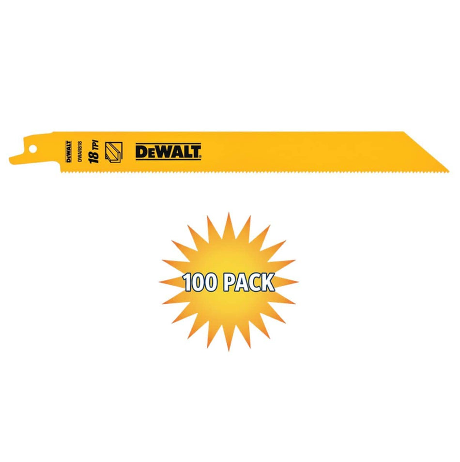 DEWALT 8-Inch 18 TPI Bi-Metal Reciprocating Saw Blades 100-Pack Bulk Metal Cutting Blades for Pipe Conduit and Angle Iron Fast Straight Cuts DW4821B