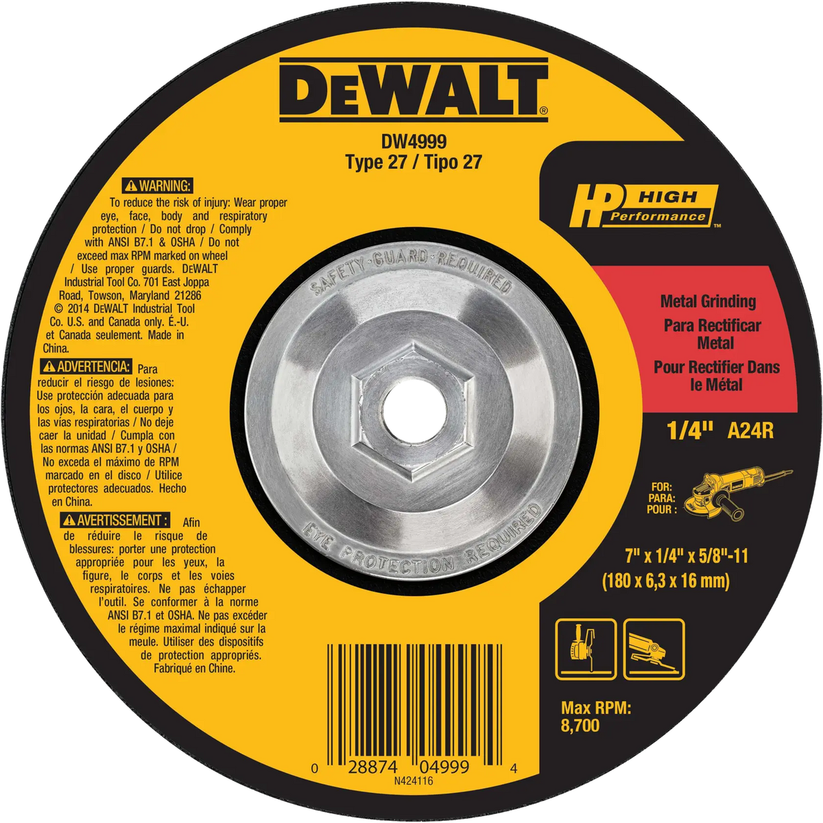 A direct overhead view of the DEWALT DW4999 7-inch Type 27 metal grinding wheel. The circular abrasive wheel features a professional yellow and black center label with the DEWALT logo and High Performance branding. The label displays technical specifications including the 7-inch diameter, 1/4-inch thickness, and 5/8-11-inch threaded arbor for industrial angle grinder applications.