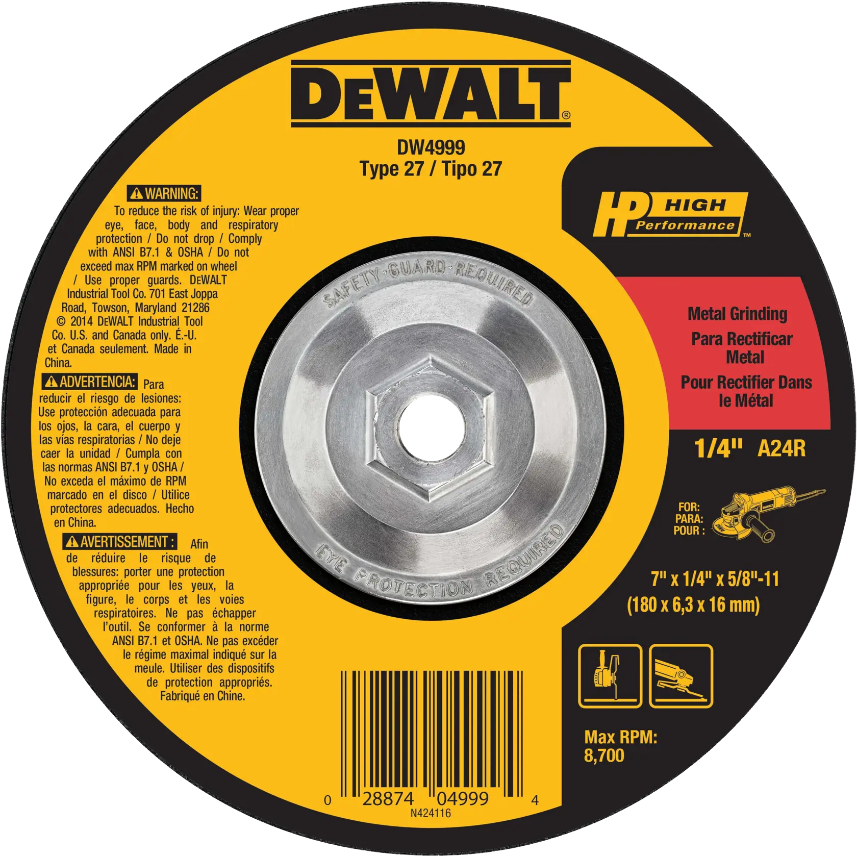 A direct overhead view of the DEWALT DW4999 7-inch Type 27 metal grinding wheel. The circular abrasive wheel features a professional yellow and black center label with the DEWALT logo and High Performance branding. The label displays technical specifications including the 7-inch diameter, 1/4-inch thickness, and 5/8-11-inch threaded arbor for industrial angle grinder applications.