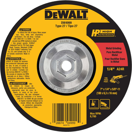 A direct overhead view of the DEWALT DW4999 7-inch Type 27 metal grinding wheel. The circular abrasive wheel features a professional yellow and black center label with the DEWALT logo and High Performance branding. The label displays technical specifications including the 7-inch diameter, 1/4-inch thickness, and 5/8-11-inch threaded arbor for industrial angle grinder applications.