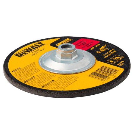 A perspective view of the DEWALT DW4999 grinding wheel showcasing the integrated 5/8-11-inch threaded metal hub. This depressed center Type 27 design highlights the aggressive A24R aluminum oxide grit surface, engineered for high-speed material removal on ferrous metals and structural steel.