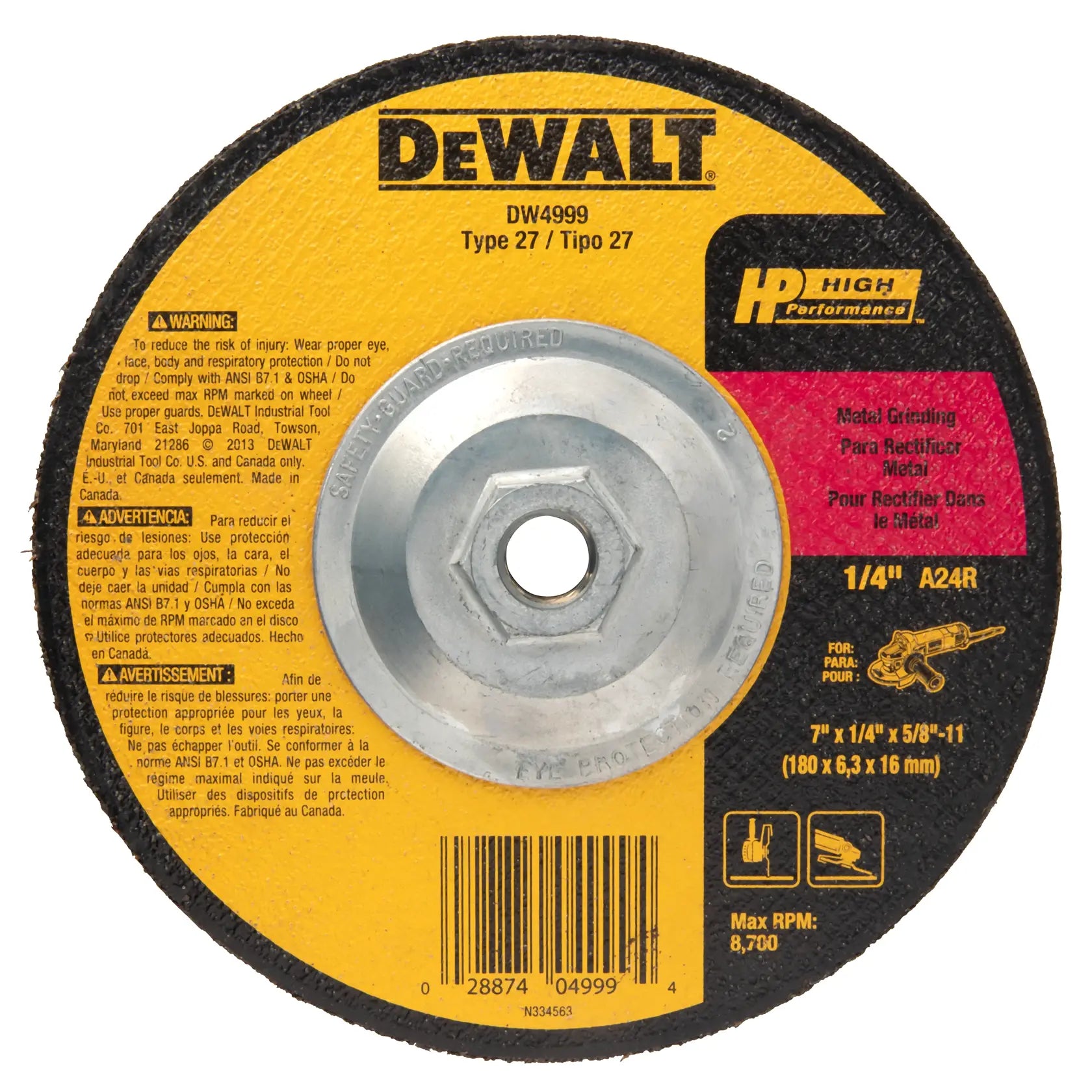 Full overhead view of the DEWALT HP metal grinding wheel. The image clearly shows the safety warning text and the 8,700 maximum RPM rating, emphasizing the triple fiberglass reinforcement that provides industrial-grade safety and durability for professional metal fabrication.