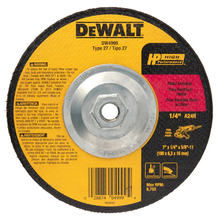 Full overhead view of the DEWALT HP metal grinding wheel. The image clearly shows the safety warning text and the 8,700 maximum RPM rating, emphasizing the triple fiberglass reinforcement that provides industrial-grade safety and durability for professional metal fabrication.