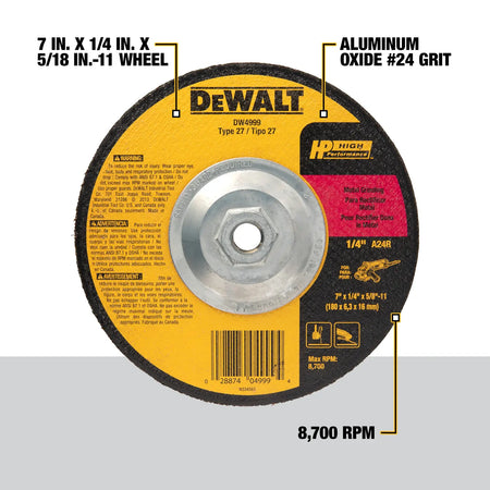 Product feature infographic for the DEWALT DW4999 abrasive wheel. Callout lines highlight the 7-inch x 1/4-inch x 5/8-11-inch dimensions, the premium aluminum oxide #24 grit composition, and the high-speed performance rating of 8,700 RPM for aggressive jobsite grinding.