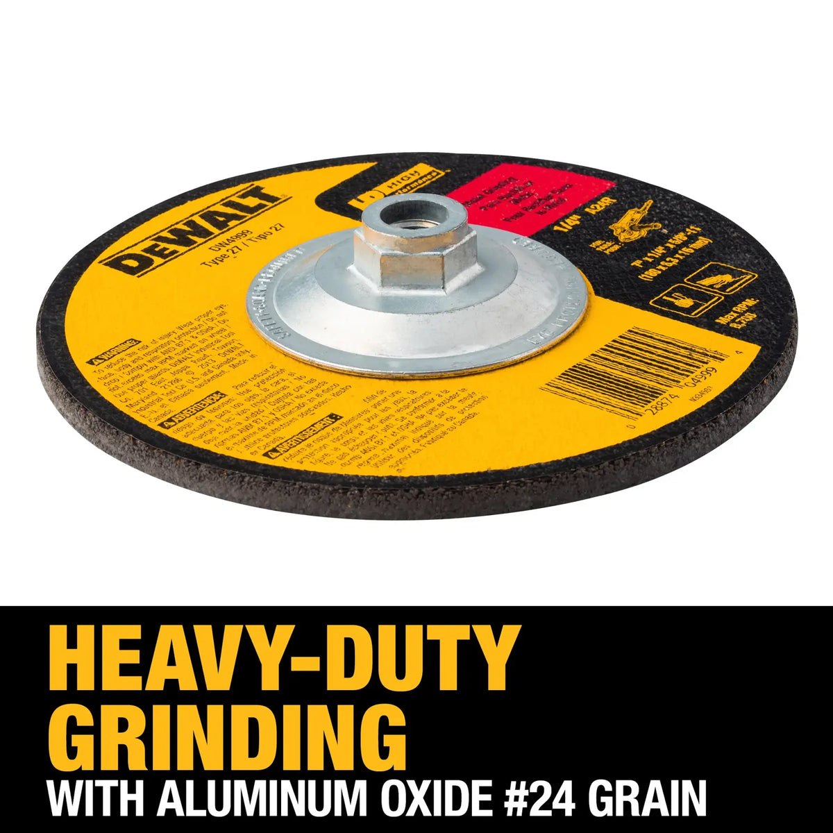 A detailed perspective infographic of the DEWALT DW4999 grinding wheel. The header text HEAVY-DUTY GRINDING WITH ALUMINUM OXIDE #24 GRAIN emphasizes the tool's specialized abrasive mix designed for rapid stock removal, weld blending, and surface preparation in demanding environments.