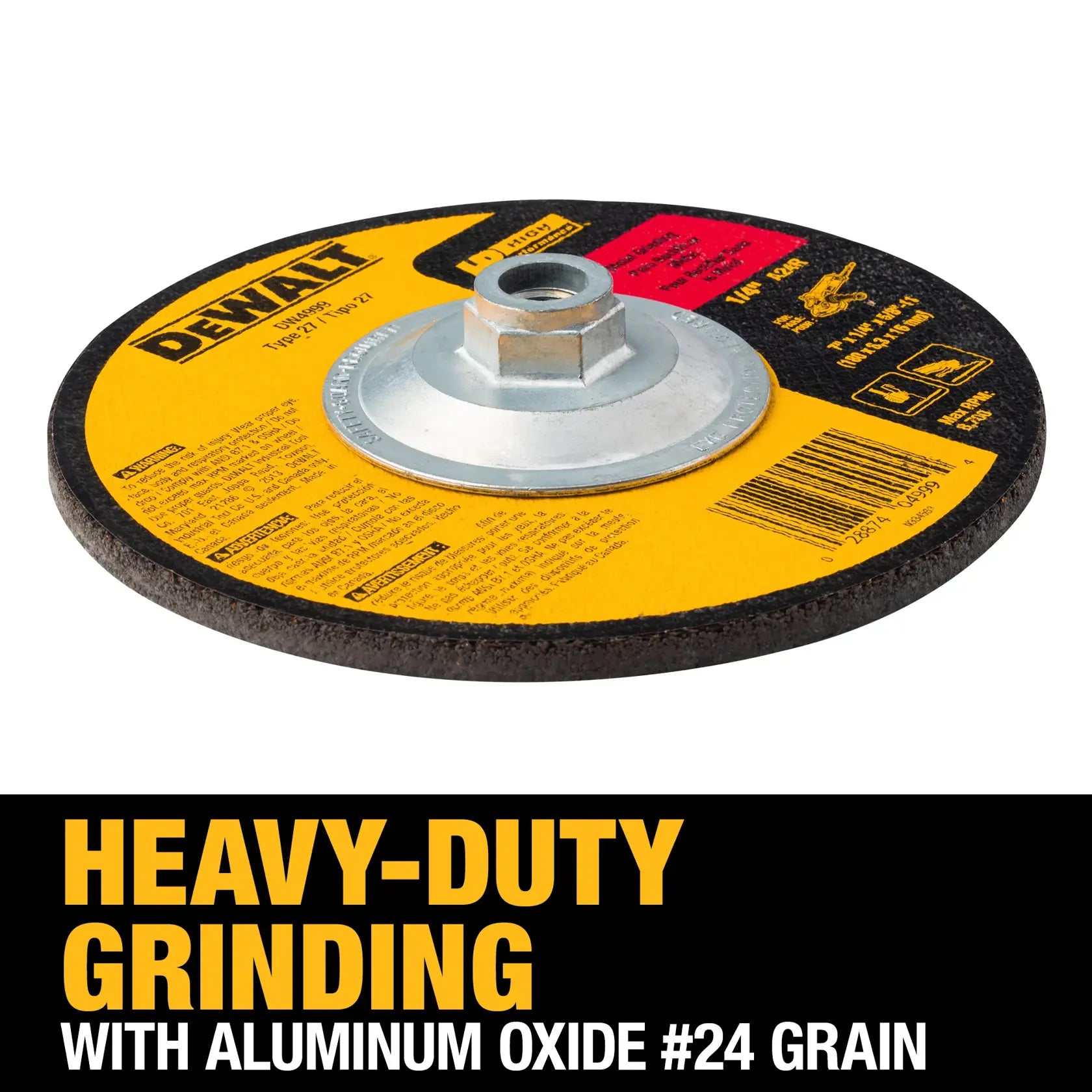 A detailed perspective infographic of the DEWALT DW4999 grinding wheel. The header text HEAVY-DUTY GRINDING WITH ALUMINUM OXIDE #24 GRAIN emphasizes the tool's specialized abrasive mix designed for rapid stock removal, weld blending, and surface preparation in demanding environments.