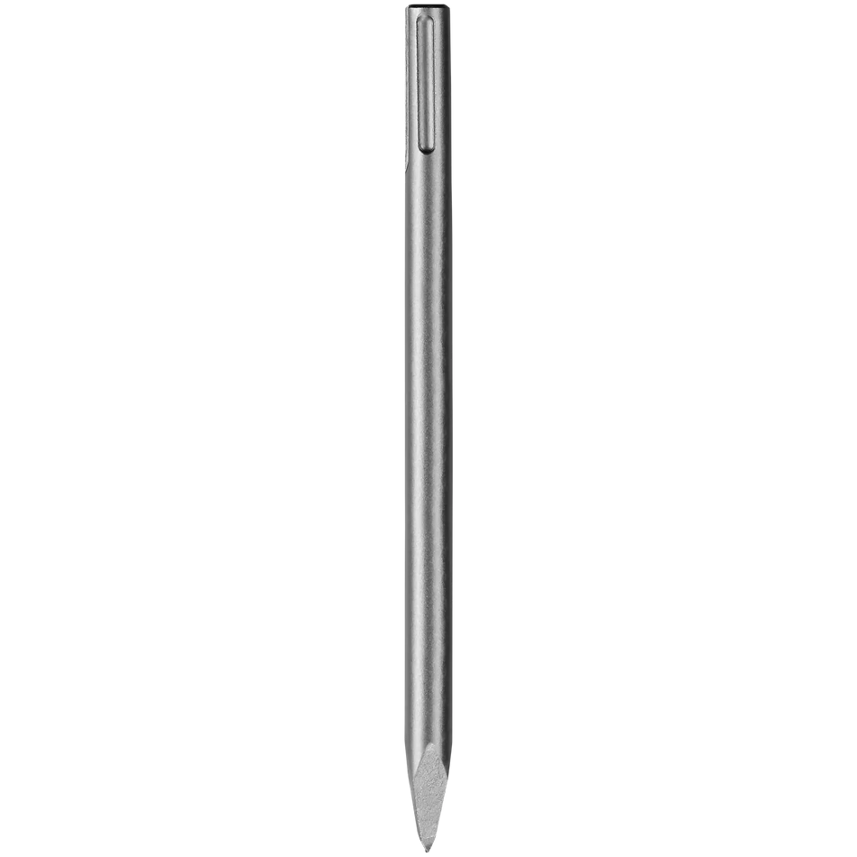 Vertical studio shot of a single DEWALT 12-inch SDS Max bull point bit featuring a high-quality hardened steel body and a precision-tapered tip for concentrated impact demolition and masonry chipping.