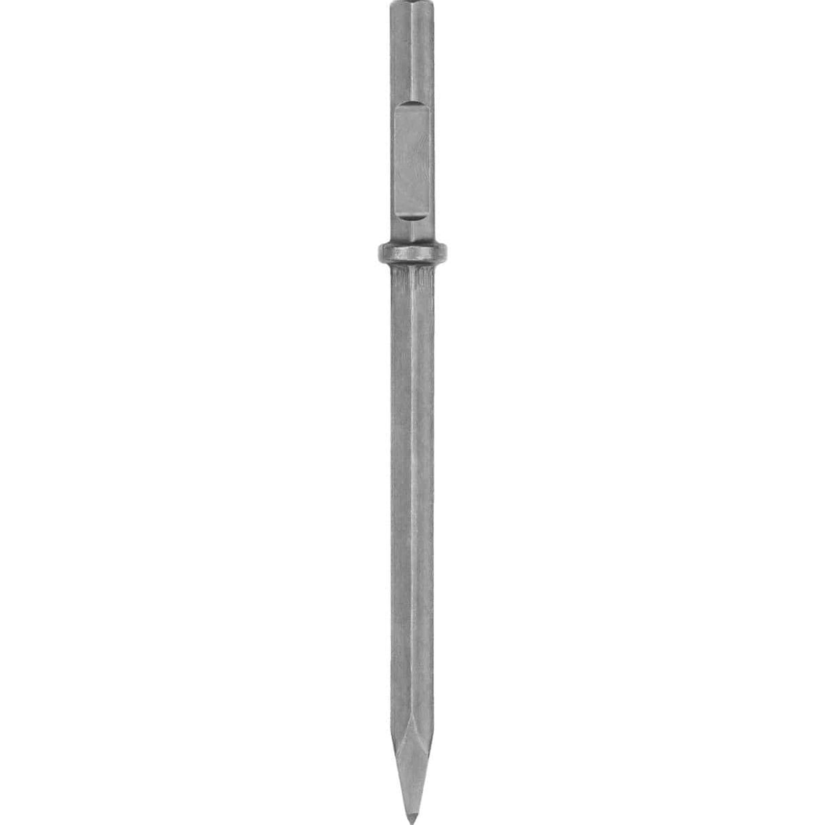 Full vertical profile of the DEWALT DW5962 20-inch hex cold chisel demolition hammer bit featuring a 1-1/8 inch hex shank and a precision-ground tip for industrial concrete breaking and sidewalk removal.