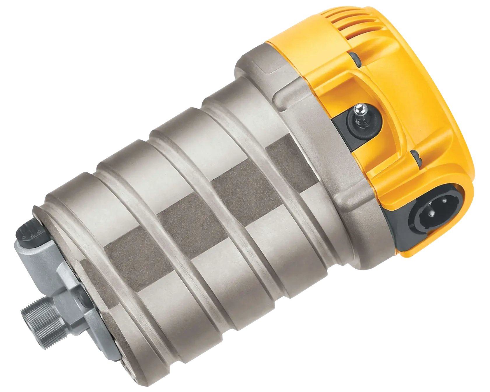 Perspective studio shot of the DEWALT DW618M 2-1/4 HP EVS Router Motor featuring the durable nickel-plated motor housing, high-visibility yellow top with a dust-sealed power switch, and the precision-machined spindle for professional woodworking.