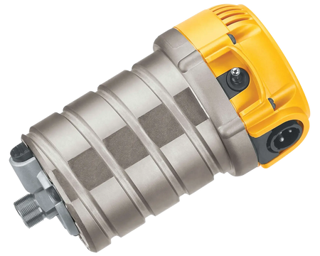Perspective studio shot of the DEWALT DW618M 2-1/4 HP EVS Router Motor featuring the durable nickel-plated motor housing, high-visibility yellow top with a dust-sealed power switch, and the precision-machined spindle for professional woodworking.
