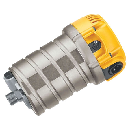 Perspective studio shot of the DEWALT DW618M 2-1/4 HP EVS Router Motor featuring the durable nickel-plated motor housing, high-visibility yellow top with a dust-sealed power switch, and the precision-machined spindle for professional woodworking.