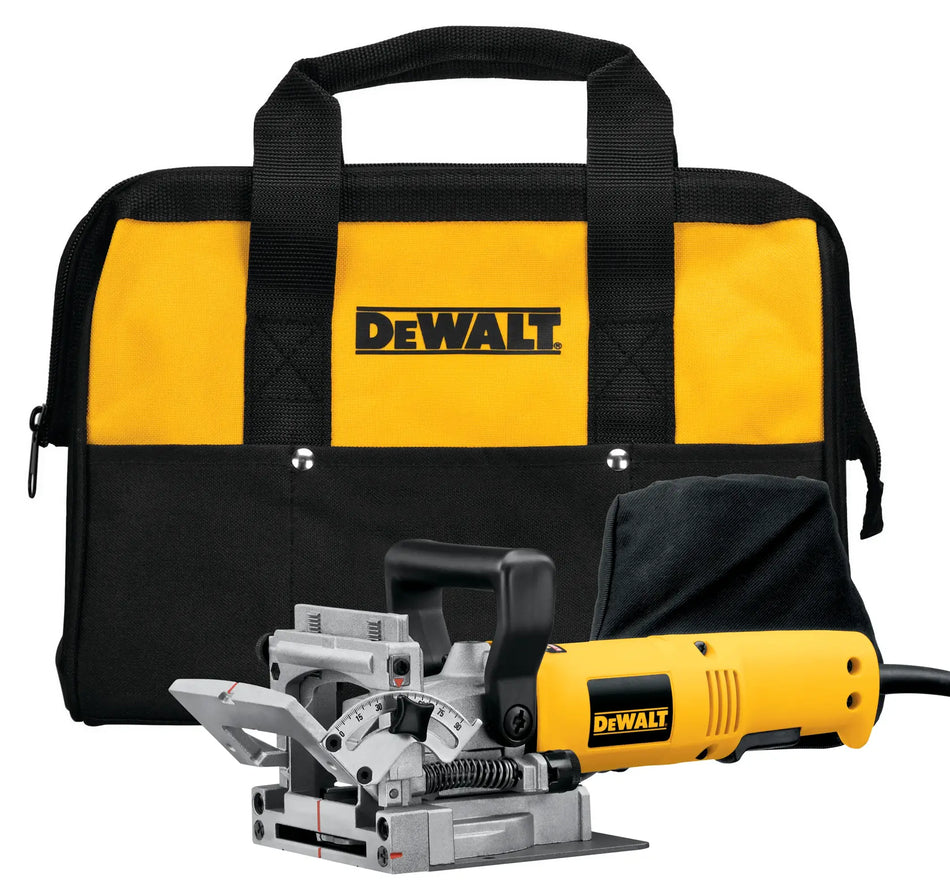 DEWALT DW682K 6.5 Amp corded electric biscuit plate joiner tool displayed alongside its heavy-duty black and yellow canvas kit bag and attached dust collection bag.