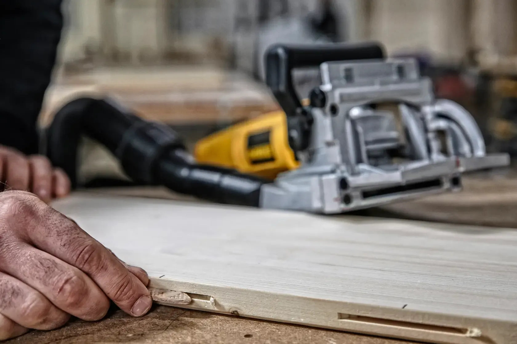Close-up view of a wooden biscuit being inserted into a precision cut slot on a wood board, with the DEWALT corded electric plate joiner resting in the background.