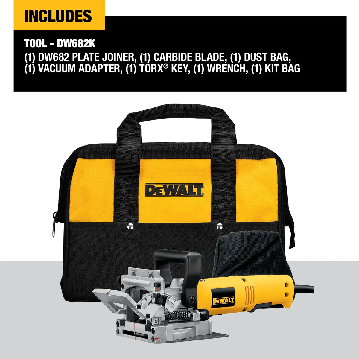 Infographic detailing the DEWALT DW682K biscuit joiner kit contents, which includes the 6.5 Amp plate joiner, carbide blade, dust bag, vacuum adapter, Torx key, wrench, and heavy-duty kit bag.