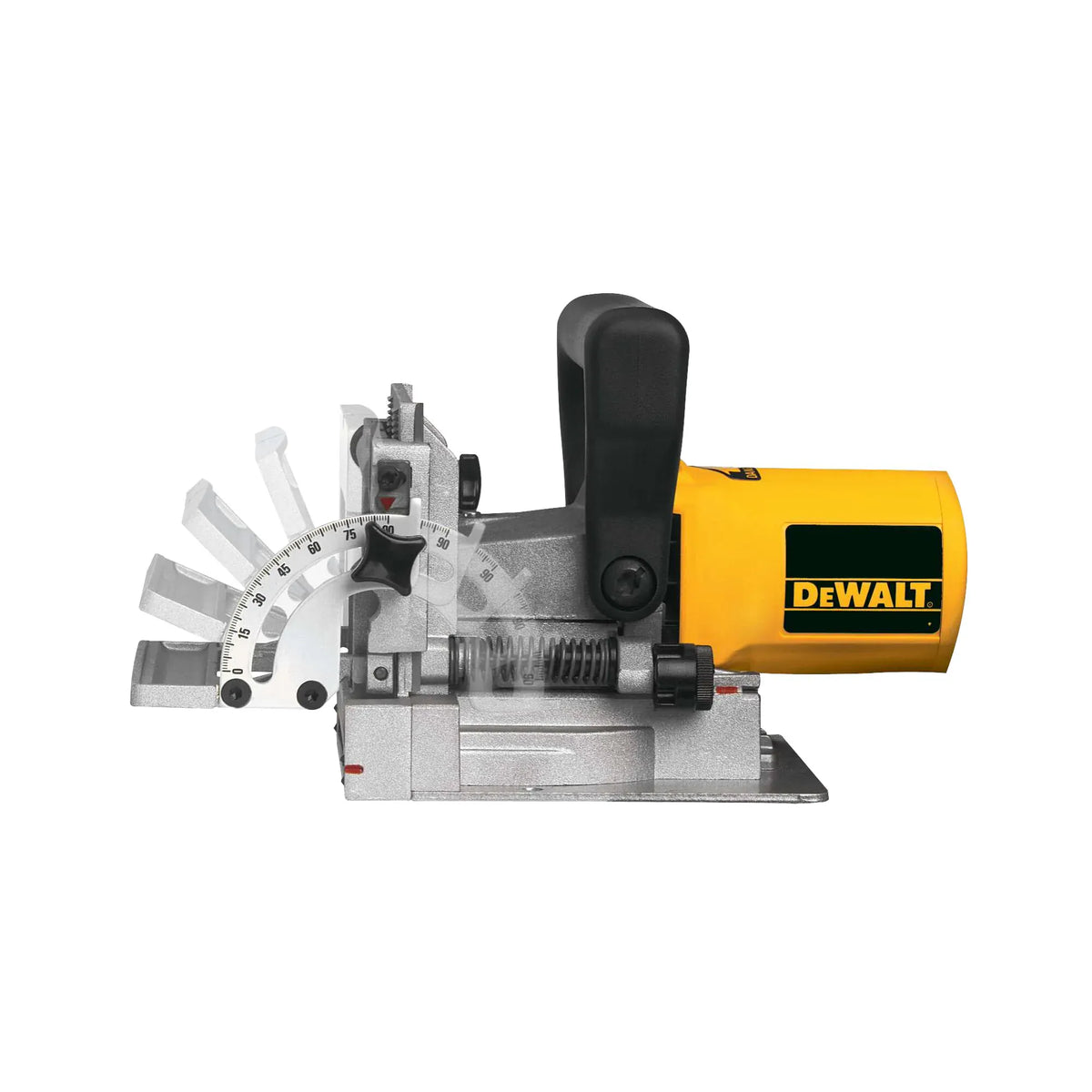 Side profile of the DEWALT DW682K 6.5 Amp plate joiner demonstrating the integral one-piece adjustable fence tilting smoothly from 0 to 90 degrees for versatile woodworking joints.