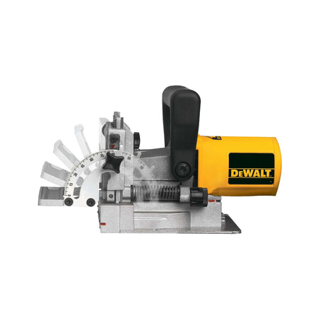 Side profile of the DEWALT DW682K 6.5 Amp plate joiner demonstrating the integral one-piece adjustable fence tilting smoothly from 0 to 90 degrees for versatile woodworking joints.